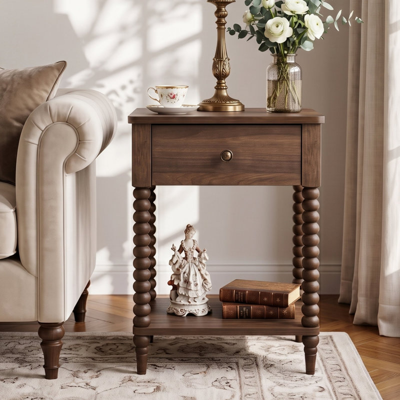 Table de chevet traditionnelle Whitby avec 1 tiroir, tablette de rangement inférieure et pieds tournés, noyer, Noyer