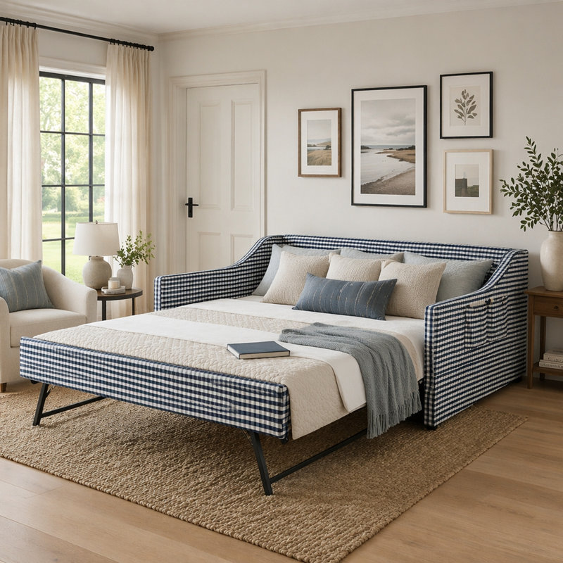 Lit de jour rembourré polyvalent 3 en 1 avec lit gigogne escamotable et poche de rangement latérale, Full / Double, Dark Blue