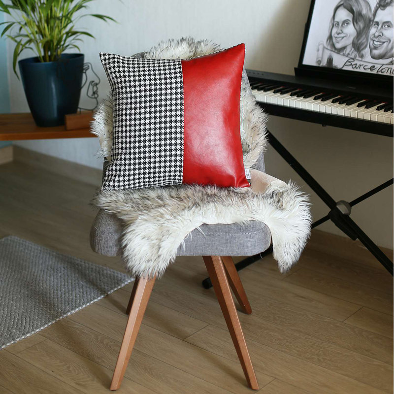 Houndstooth Divided Red Faux Leather Square Throw Pillow