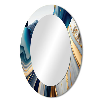 Abstract Geode Waves Blue And Gold I - Abstract Oval Decorative Mirror On Metal