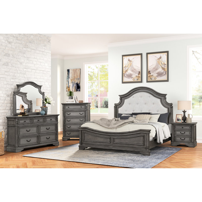 Grand lit traditionnel gris rustique, avec structure en bois et tête de lit courbée élégante, sommier gris requis, sommier, pour plus de stabilité