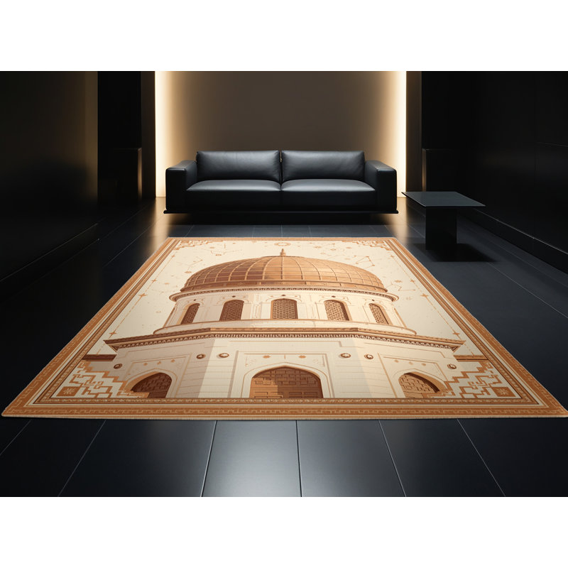 Tapis oriental doux et moelleux à motif oriental dôme observatoire beige - reliure beige, 2 x 5