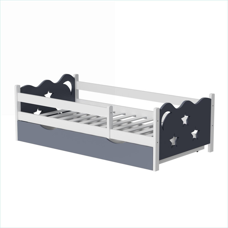 Lit plateforme pour chambre d'enfant en bois massif au fini blanc de taille simple avec décoration étoile et lune, aucun sommier requis
