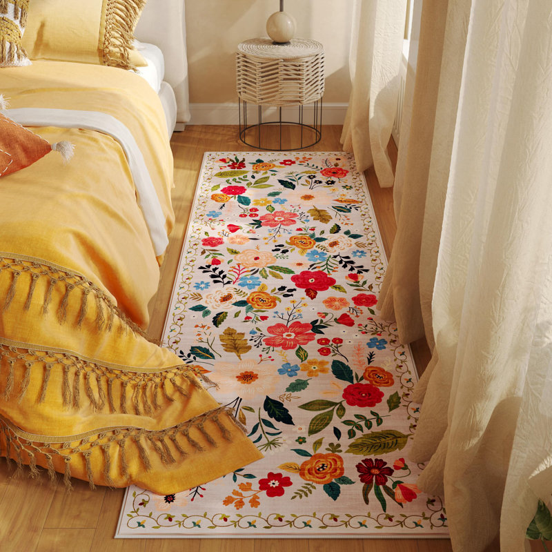 Tapis de couloir pour tapis de couloir Tapis de cuisine antidérapant 2 pi x 6 pi avec envers en caoutchouc Tapis floral doux (beige)