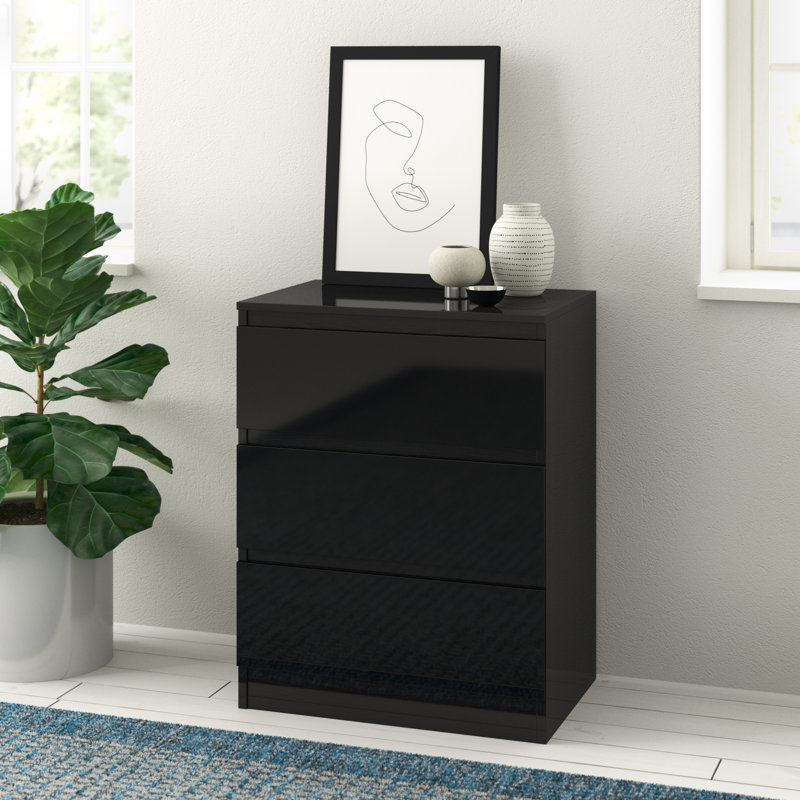Carlton 3 Drawer Chest Of Drawers: 60cm Wide. High Gloss Front. Scratch Resistant. Modern No Handle Design., Black