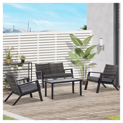 Ensemble de meubles de patio 4 pièces Outsunny, 2 chaises en osier PE, canapé causeuse, table basse d'extérieur, coussins moelleux, canapé et fauteuils pour la cour, le jardin, noir