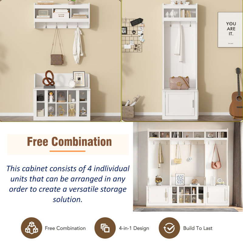 4-in-1 Multi-functional Hall Tree With Coat Rack, Bench, Shoe Cubbies And Open Compartments, White