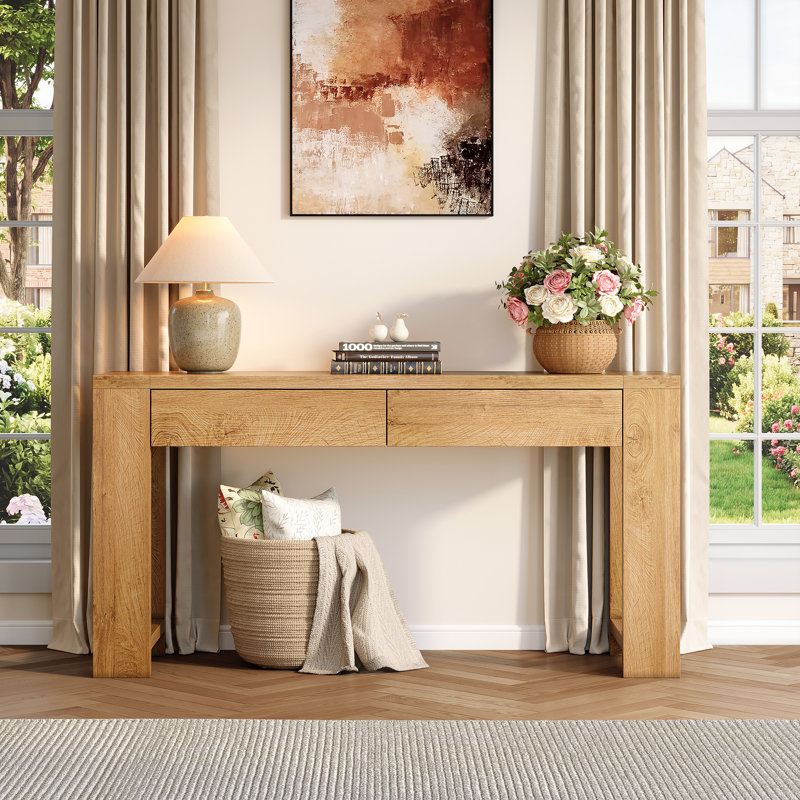 Console 60 pouces en chêne clair avec 2 tiroirs et tablettes latérales