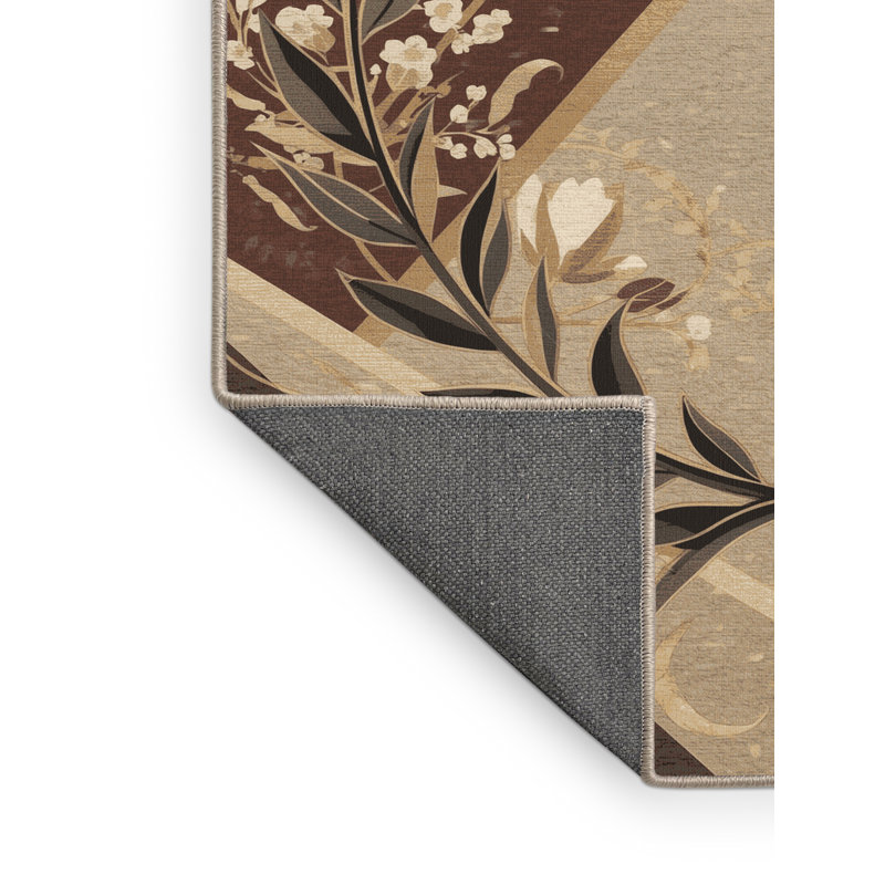Tapis floral moelleux doux à motif de couronne de laurier et à motif de couronne en brun - beige, 2 pi x 3 pi