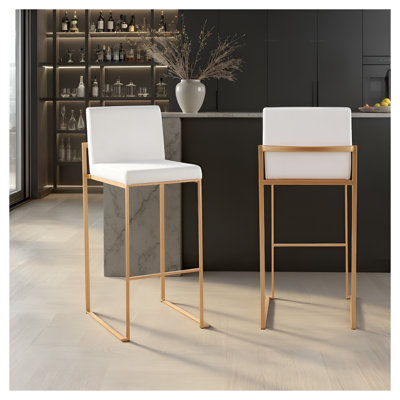Tabouret de bar contemporain à dossier haut en acier doré et velours blanc - Paquet de 2