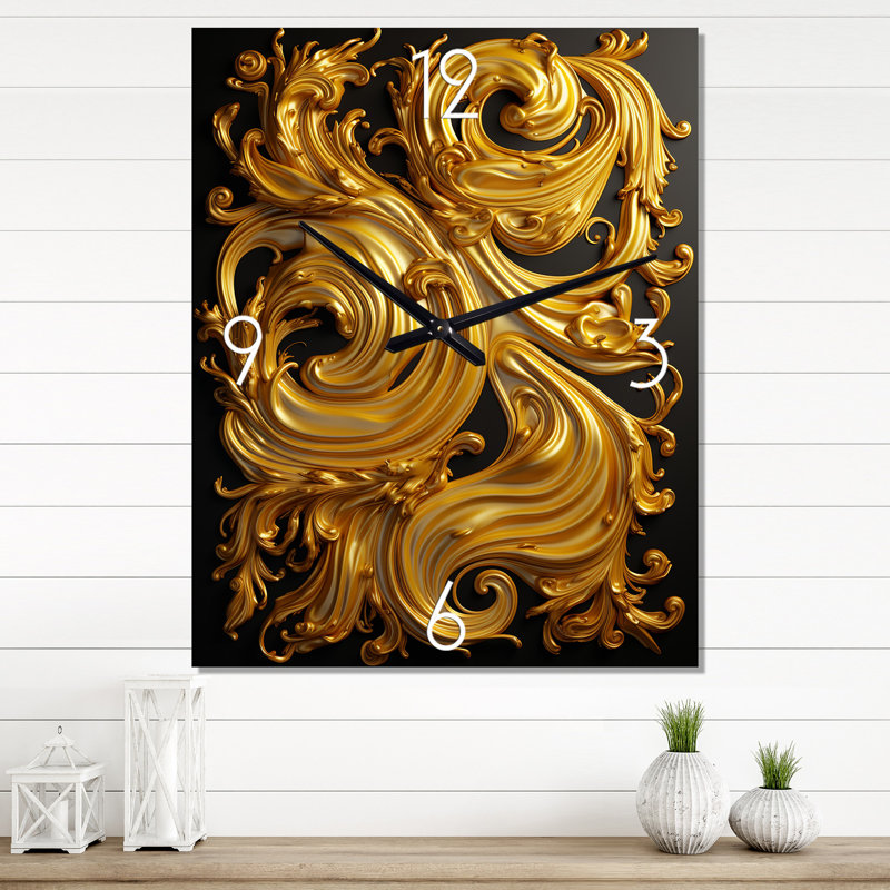 Horloge murale en or à motif d'or sur fond noir II, H 28 po x l 12 po x P 1 po