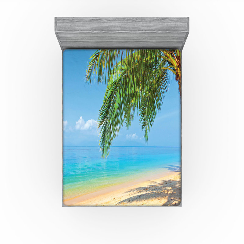 Ambesonne Landscape Fitted Sheet 2-Pack Tropic Botanic Image Sky Blue Cream, Queen Fitted Sheet