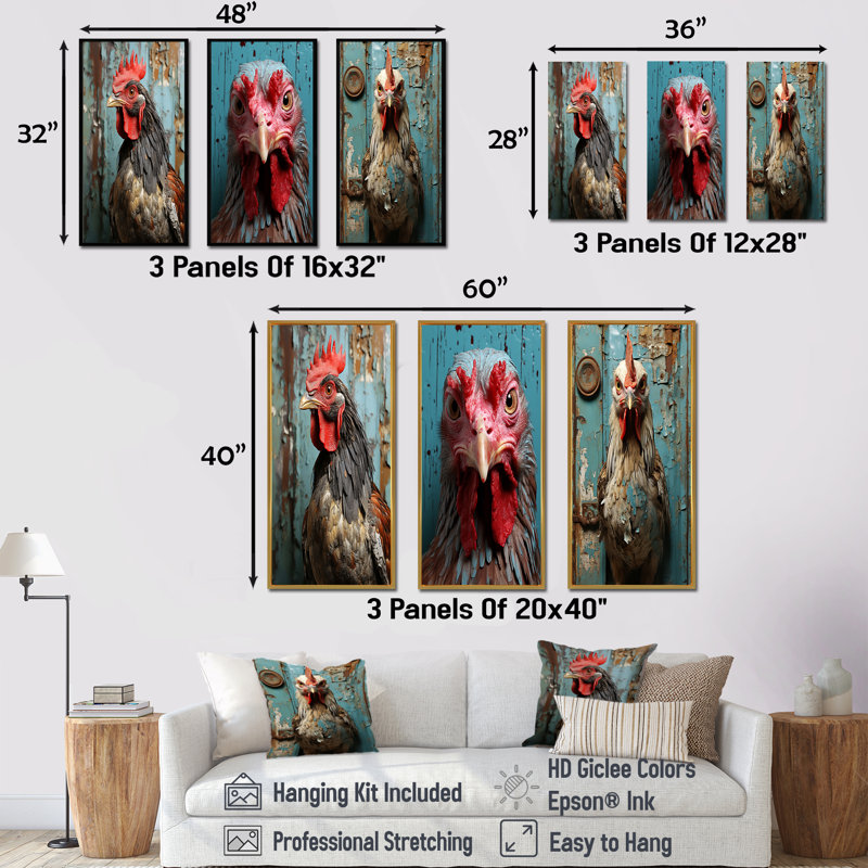 Farmhouse Barn Rooster Portrait I - Ensemble de 3 décorations murales poulet, Cadre flottant brun, H 40 po x l 60 po