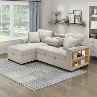 Darrielle 92"W Sectional Sofa Sleeper with Left Chaise with Charging Ports