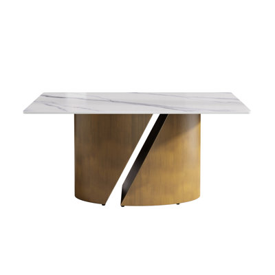 Table en bois fritté blanc de 63 po avec pieds en métal et fer de couleur bronze pour 6 à 8 repas