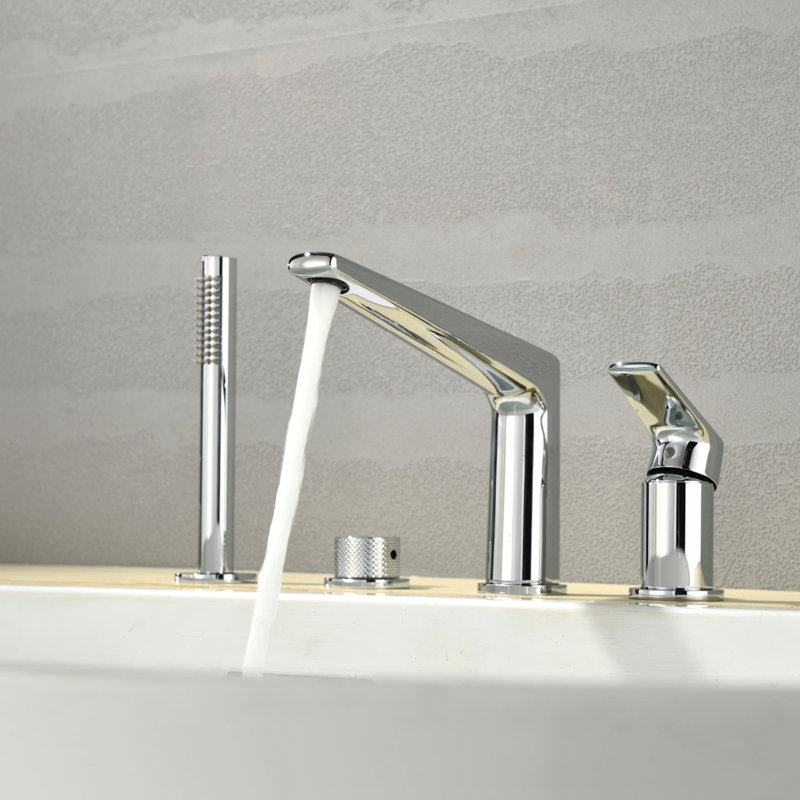 4 Hole Deck Mount Tub Faucet With Hand Shower Single Handle Bathtub Faucet Brass Tub Fillers With Valve, Polished Chrome