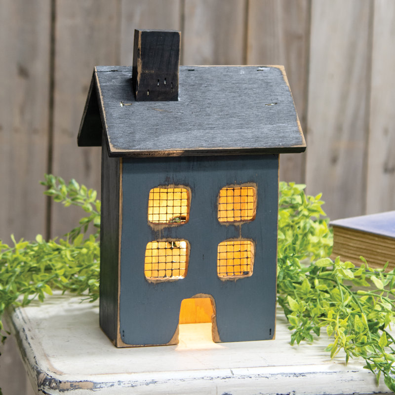 Distressed Wooden Small Blue Light Up House, Gray/Black