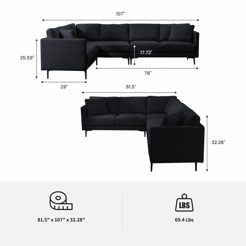 107" L-Shaped Sectional Sofa with Memory Foam & Linen, Gray Linen