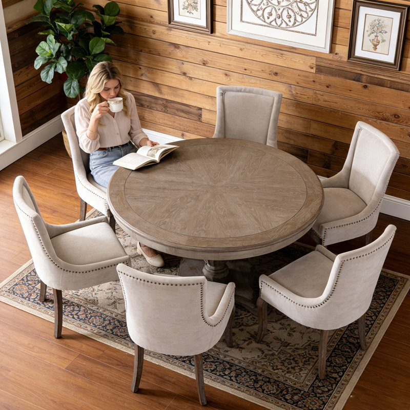 Farmhouse Upholstered Side Chairs Set of 6, Vintage Solid Wood Kitchen Dining Chairs with Nailhead Trim & High Back Support, 350lbs Weight Capacity