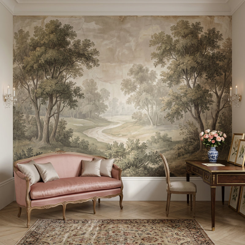 Papier peint rétro avec paysage et arbres, 200 po x 120 po, Texturé non collé
