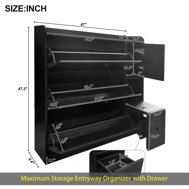 Versatile Shoe Cabinet With 3 Flip Drawers, Maximum Storage Entryway Organizer With Drawer, Free Standing Shoe Rack With Pull-Down Seat For Hallway