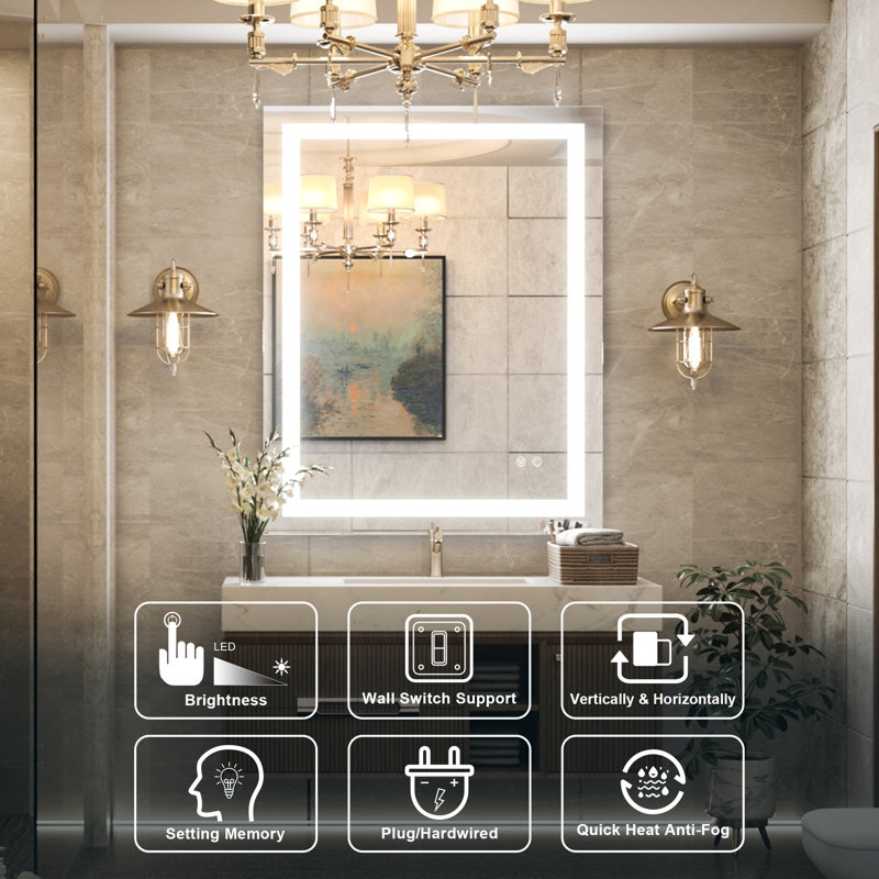 Martrez Frameless LED Lighted Bathroom / Vanity Mirror with Brightness Adjustable, Memory Function, Anti-fog, 30" x 36"
