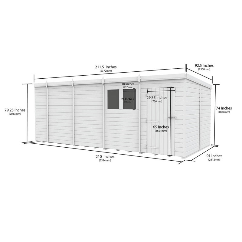 18ft x 8ft Pent Shed - Single Door with Windows