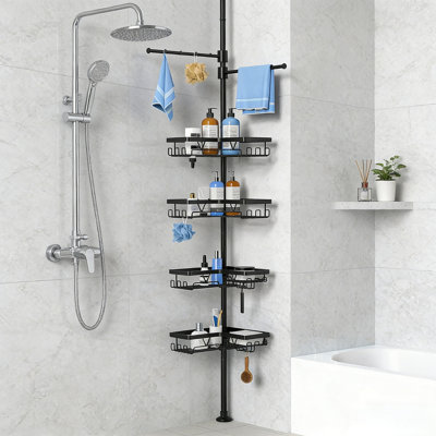 Serviteur de douche d'angle réglable avec deux barres à serviettes - Organisateur de poteau de tension de 25 à 114 pouces de hauteur, fentes pour bouteilles inversées, porte-savon et fentes pour rasoir pour salle de bain, véhicule récréatif et appartement