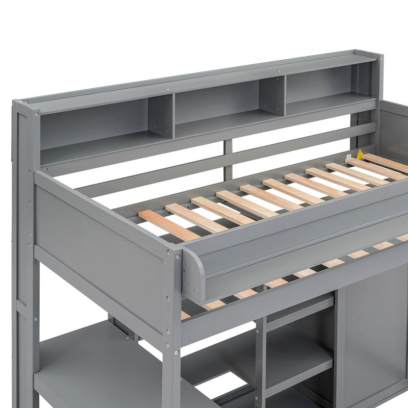 Lit mezzanine en bois avec plusieurs tablettes de rangement et garde-robe, Gris