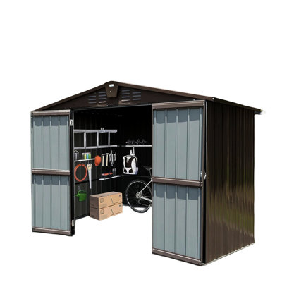 Remise d'extérieur 10 pi x 8 pi - métal, antirouille avec serrure à double porte imperméable brune pour la pelouse, résistante aux métaux, verrouillable