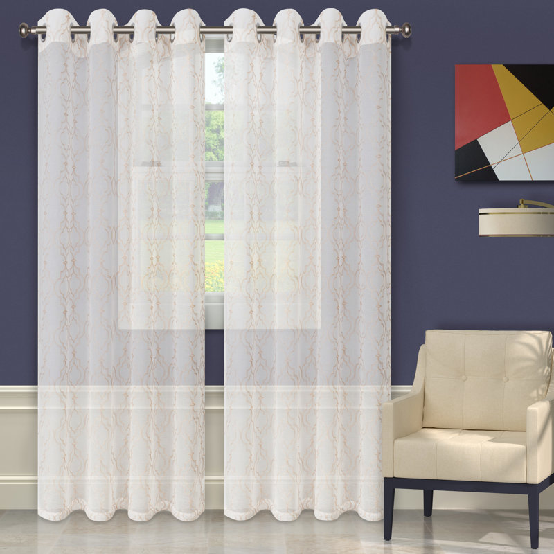 Steinbeck Geometric Embroidered Sheer Grommet Curtain Panels, 52" W x 96" L, White