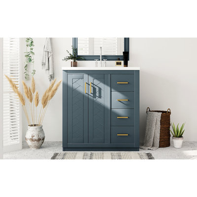 Meuble-lavabo de 30 po avec planches, structure en bois massif, 3 tiroirs, portes, glissière à tiroir lisse de style rétro