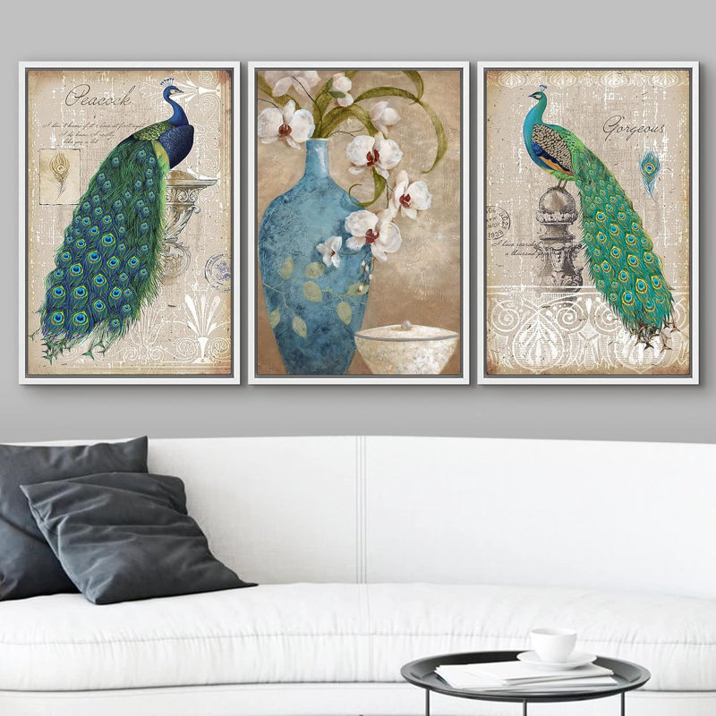 Décoration murale paon Decor, H 36 po x l 72 po, Cadre flottant blanc