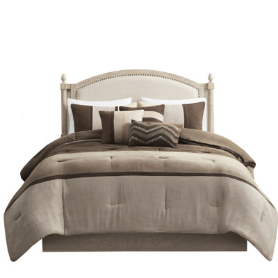 7 Piece Queen Comforter - Faux Suede Brown, Bedding Queen, Elegant Design