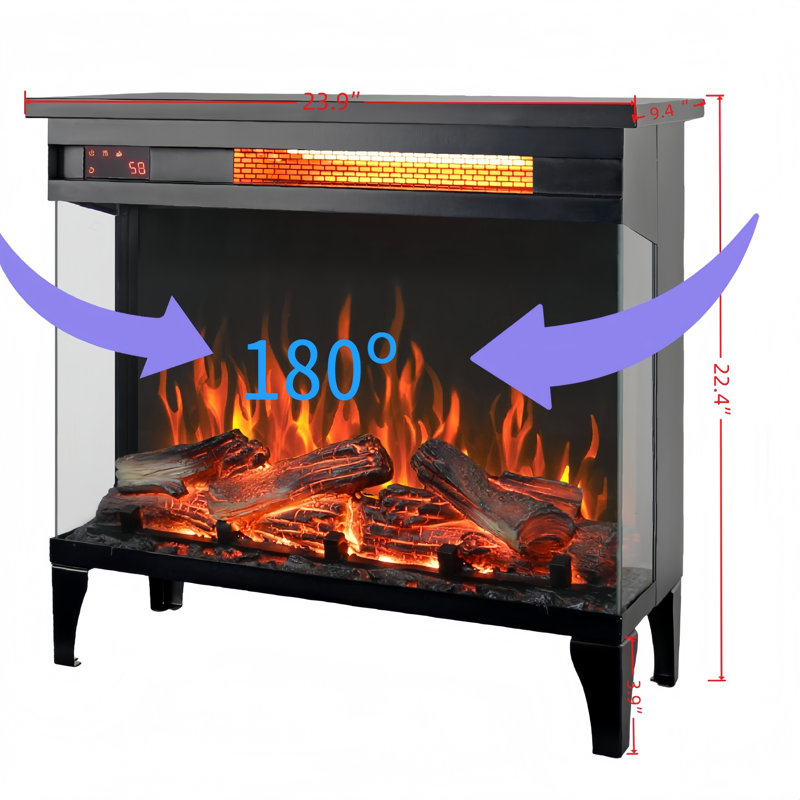 Freestanding Electric Fireplace Stove Heater With Three Sided Glass, Gray/Black