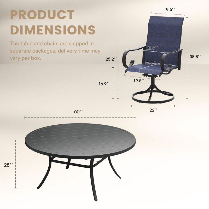 Ensemble repas 9 pièces pour terrasse avec fauteuils pivotants, Black, Blue
