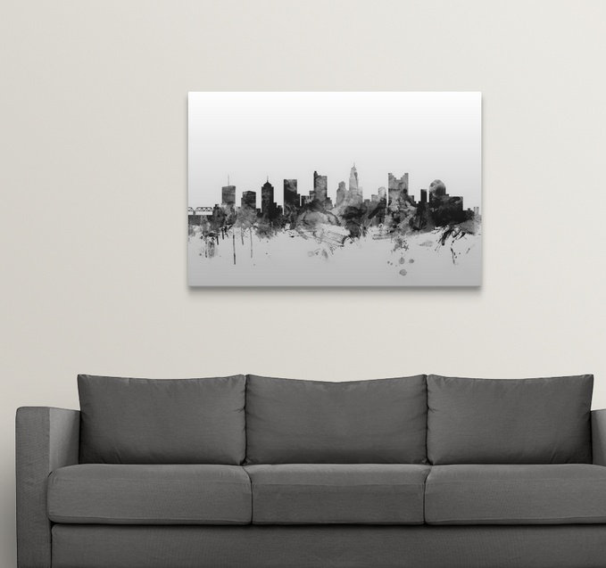«Columbus Ohio Skyline» par Michael Tompsett - reproduction, Cadre noir, H 32 po x l 44 po x P 1 po