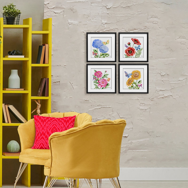 «Brushstroke Florals & Butterflies», ensemble de 4 impressions encadrées sous verre, design par Paul Brent, H 13 po x l 13 po