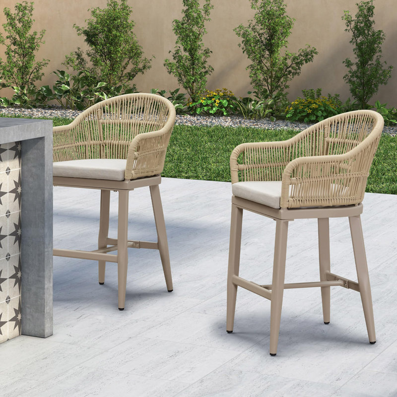 Corrigan Studio Outdoor Rattan Bar Height Stools Set Of 2 Modern Patio Aluminum Wicker Barstools With Wraparound Armrest Back For Kitchen Garden Indoor