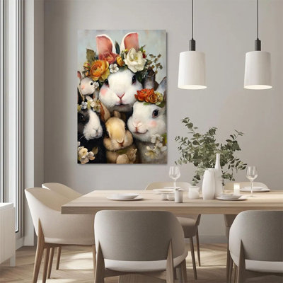 2D Flat, 1Pc Framed Canvas Wall Art, Rabbit flower wreath, floral decoration, realistic oil painting style Art Print Canvas Poster Painting Room Wall
