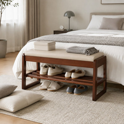 31.5" Wood Shoe Storage Bench with Vegan Leather Seat, Lift-Top Hidden Storage & 2-Tier Open Shoe Rack for Entryway & Bedroom