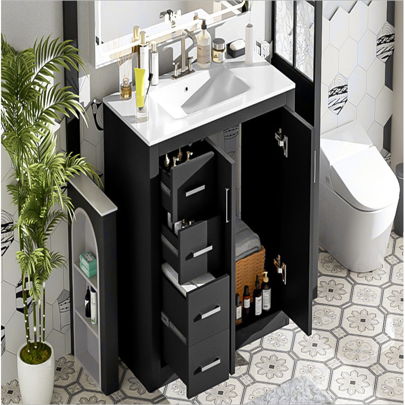 Ensemble de meuble-lavabo 36 po avec lavabo en céramique, armoire de rangement en bois massif, ensemble de meuble-lavabo autoportant avec 3 tiroirs et portes à fermeture douce