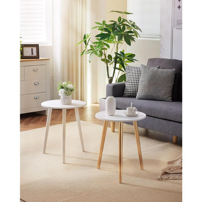 Set Of 2 Modern Round Side Tables – White End Tables With Wood Legs, 16.5"