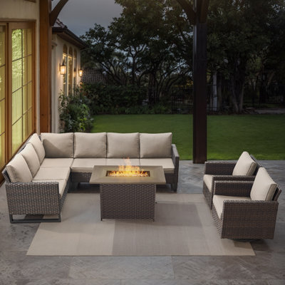Ingvald 8- Person Outdoor PE Wicker Patio Conversation Set with Fire Pit and Cushions by Latitude Run