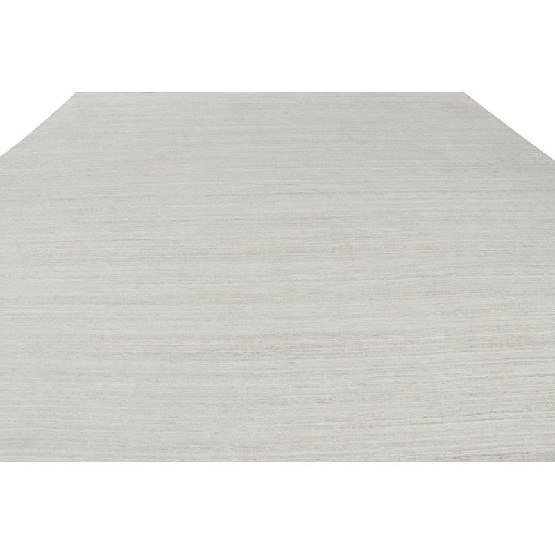 Hand Knotted Silk Striped Area Rug in White, Rectangle 12' x 15'