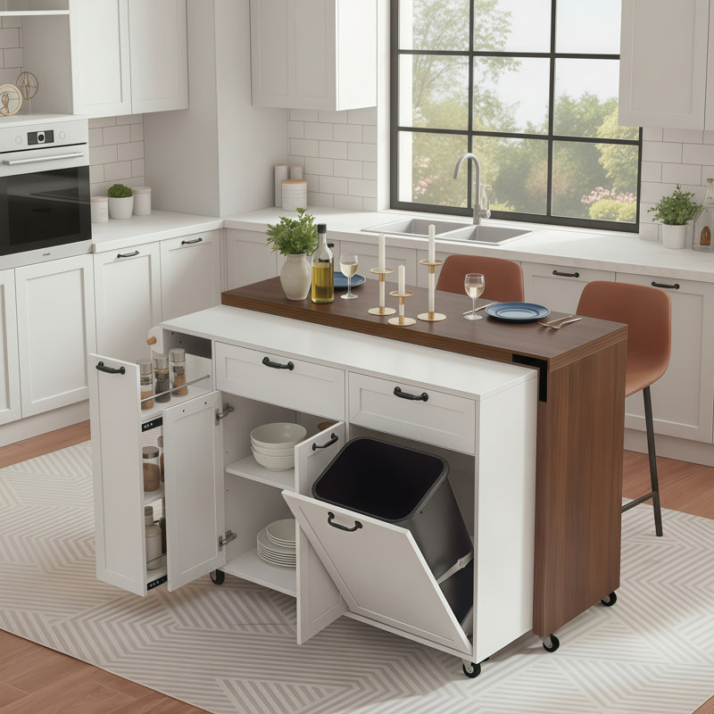 This Minimalist White Kitchen Island Features A Retractable Dining Table, Storage Cabinets, And A Three-Tiered Spice Rack. It's Wheeled, Portable, And Boasts A Beautiful, Practical, And High-Quality Design.