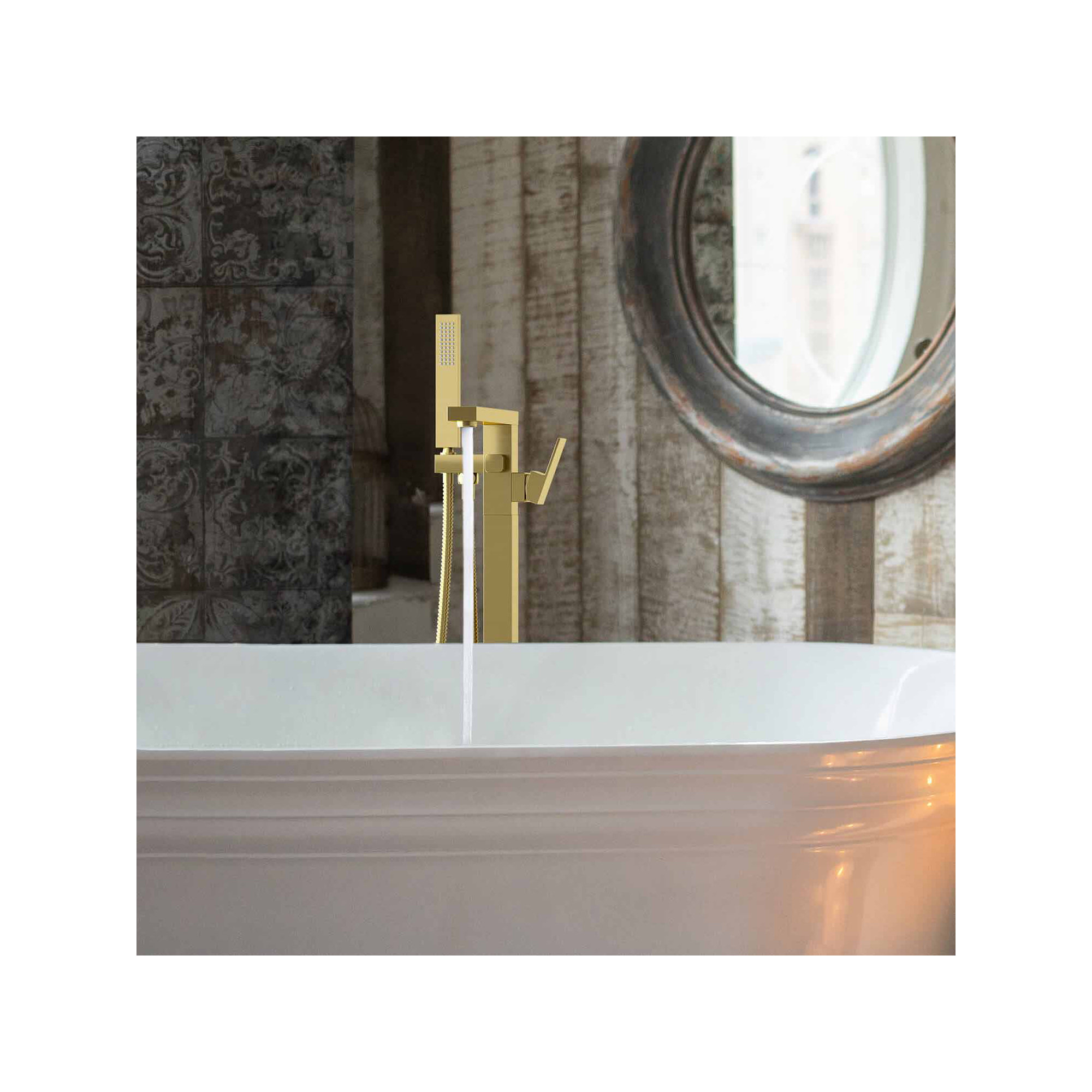 Cube Floor Tub Spout with Diverter, Brushed Gold