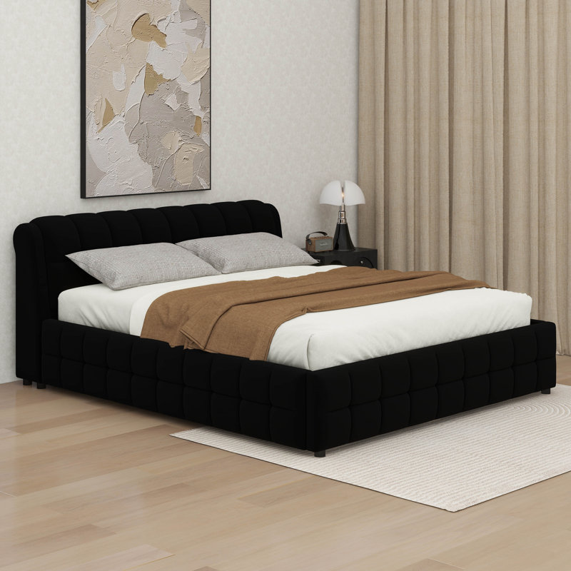 Platform Bed With Upholstered Headboard, California King, Black