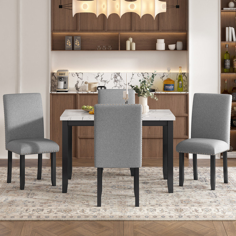 5-Piece Faux Marble Dining Set with 4 Padded Chairs, Modern Kitchen Table and Chair Set for Dining Room, Gray, White/Black