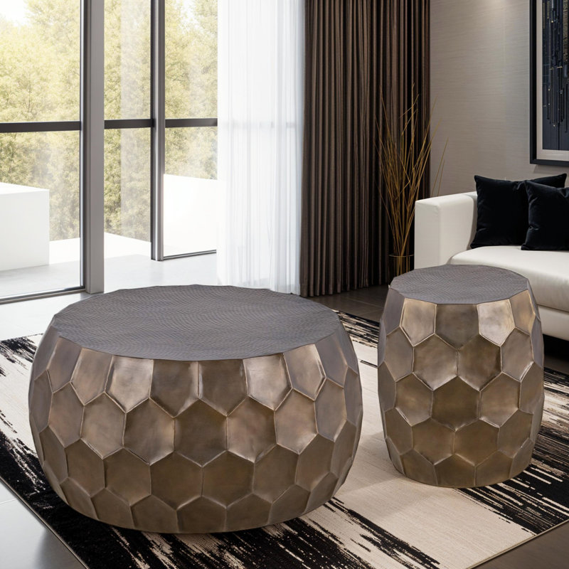 Ensemble de tables basses modernes et contemporaines rondes de 32 po et de table de bout de 2 po avec table Aronson, Doré